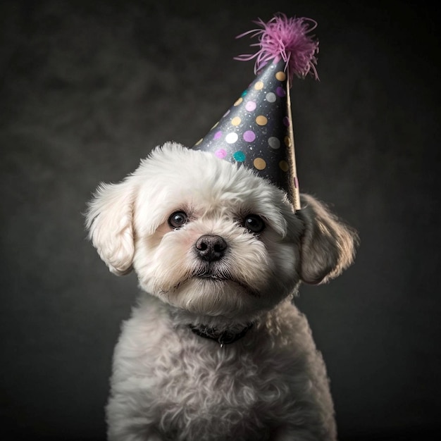 Lindo cachorro en divertido sombrero de cumpleaños