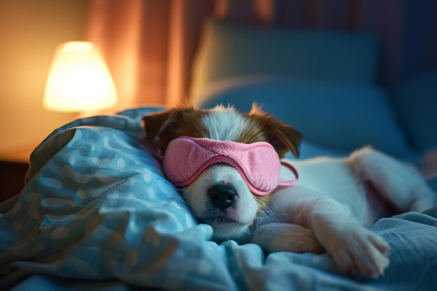 Un lindo cachorro durmiendo en la cama y con una máscara rosa para dormir.