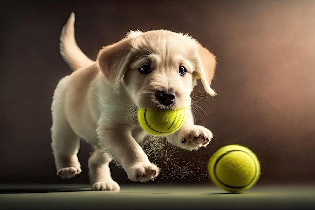 Lindo cachorro está jugando a buscar con una pelota de tenis y la trae de vuelta cada vez