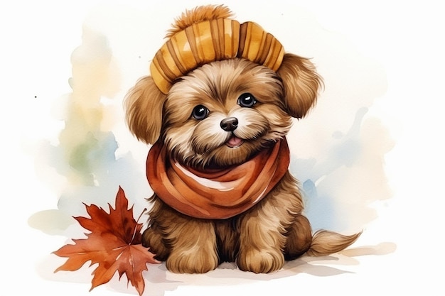 Lindo cachorro feliz sonriente acuarela con bufanda y sombrero en otoño