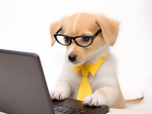 Lindo cachorro con gafas en la oficina Concepto de horario comercial o de oficina del oficial de mascotas