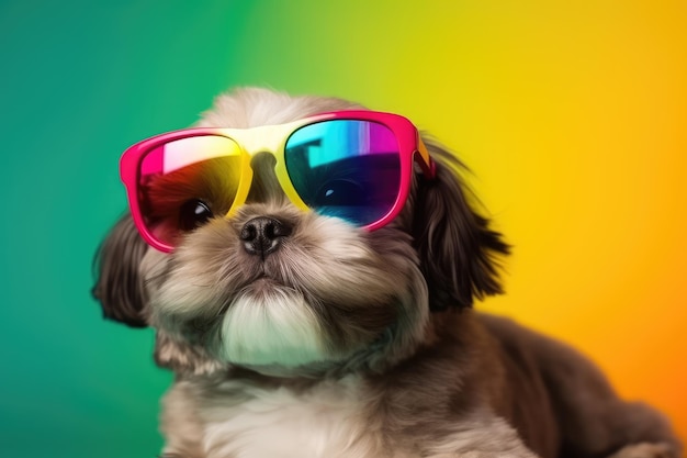 Lindo cachorro con gafas de sol coloridas simbólicas de LGBTQ