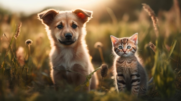 Lindo cachorro y gatito en un campo