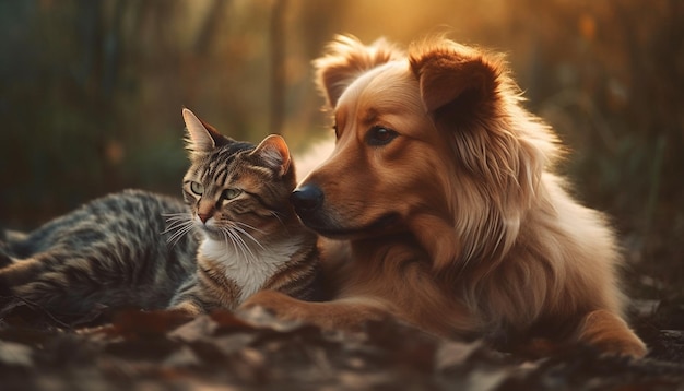 Lindo cachorro y gatito jugando en la naturaleza generados por IA