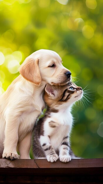 un lindo cachorro y un gatito sentados