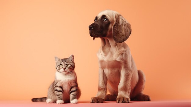 Un lindo cachorro y un gatito tabby sentados juntos en un fondo de melocotón Color Pantone 2024