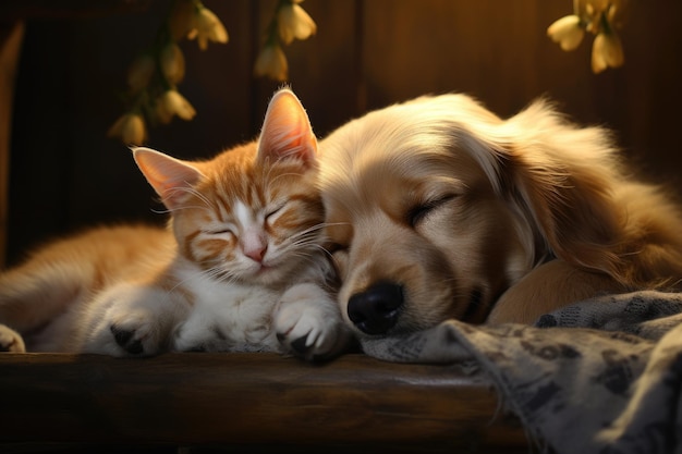 Lindo cachorro Golden Retriever durmiendo con gato atigrado Gato y perro durmiendo juntos AI Generado