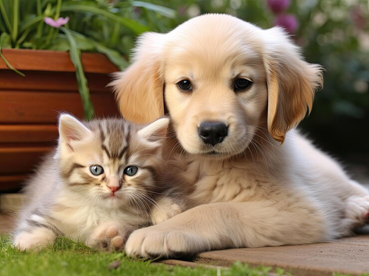 Un lindo cachorro de golden retriever con una fotografía de un gatito pequeño