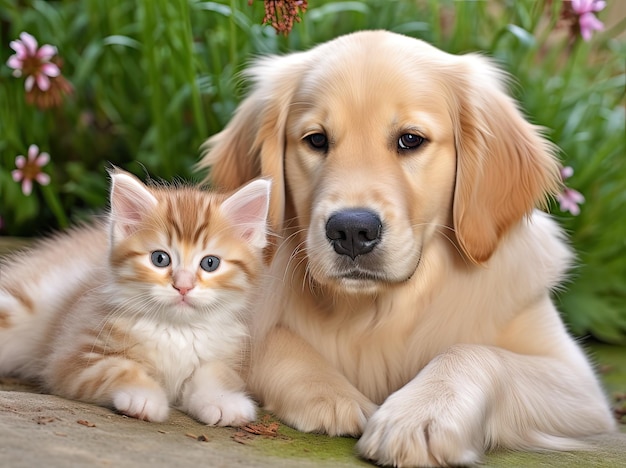 Un lindo cachorro de golden retriever con una fotografía de un gatito pequeño