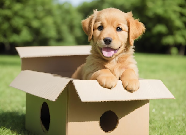 Un lindo cachorro golden retriever de pie en una caja de cartón en el borrón de la naturaleza verde