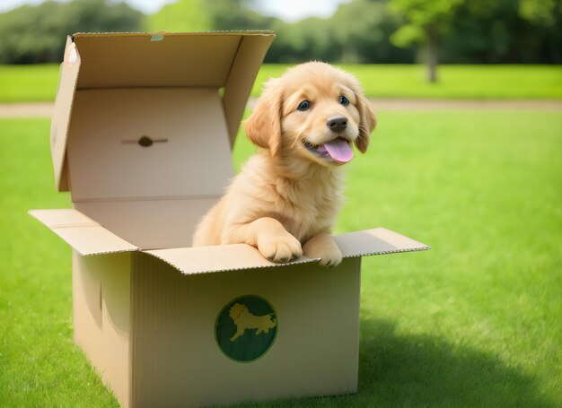 Un lindo cachorro golden retriever de pie en una caja de cartón en el borrón de la naturaleza verde