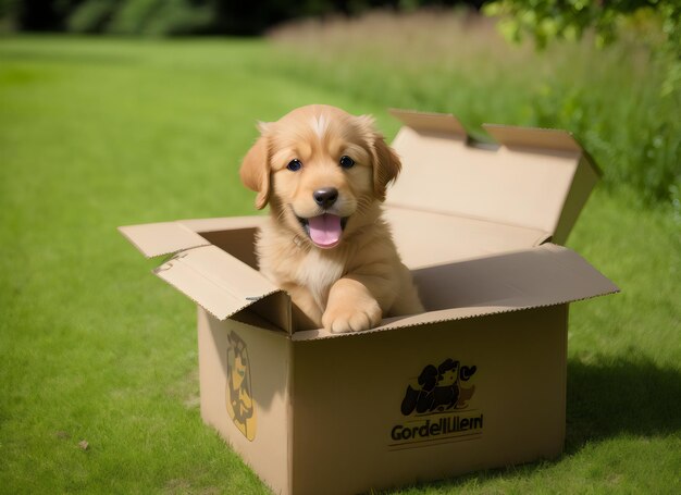 Un lindo cachorro golden retriever de pie en una caja de cartón en el borrón de la naturaleza verde