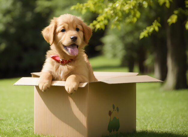 Un lindo cachorro golden retriever de pie en una caja de cartón en el borrón de la naturaleza verde