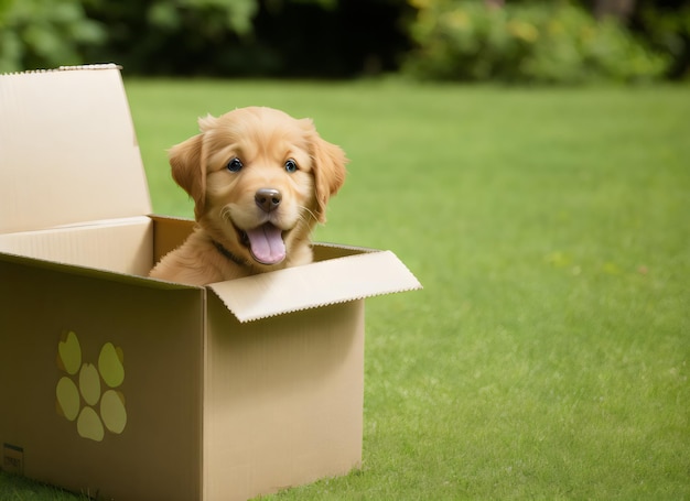 Un lindo cachorro golden retriever de pie en una caja de cartón en el borrón de la naturaleza verde