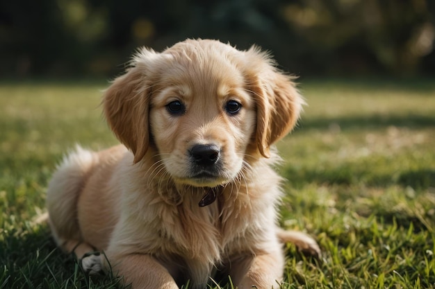 un lindo cachorro Golden Retriever sentado en un césped