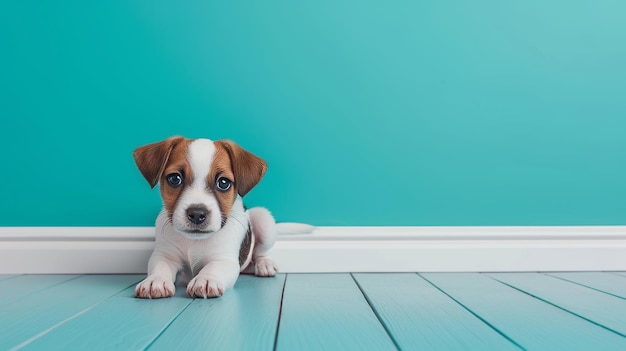 Foto el lindo cachorro de jack russell terrier sentado en el suelo frente a la pared turquesa