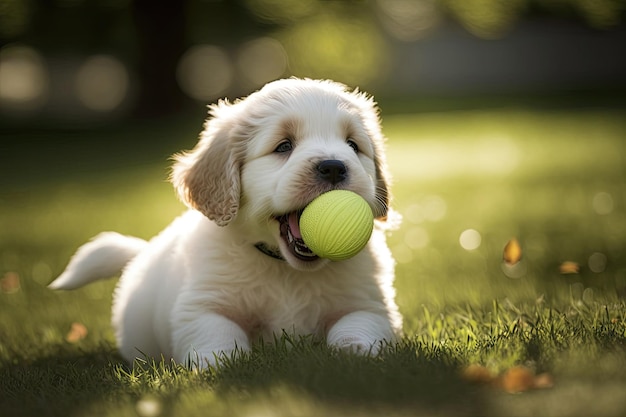 Lindo cachorro jugando a buscar con pelota en el parque