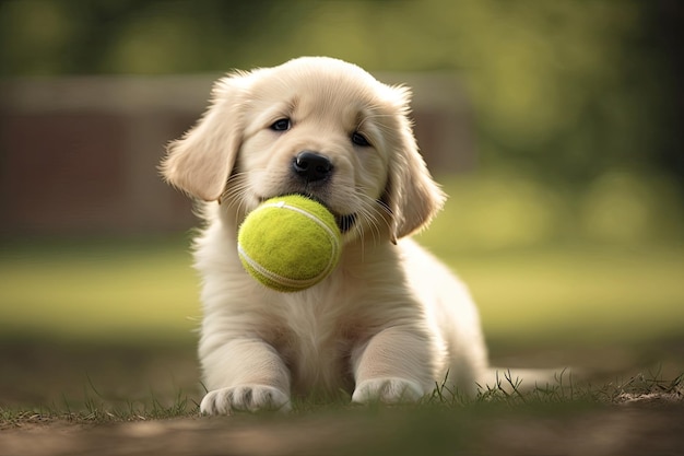 Lindo cachorro jugando a buscar con pelota de tenis en el parque