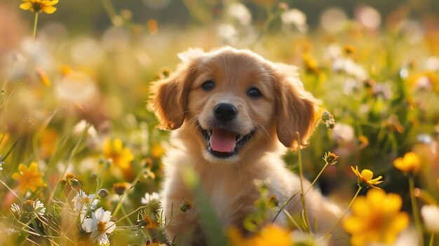 Un lindo cachorro jugando en un campo de flores El cachorro está mirando a la cámara con una expresión feliz en su cara