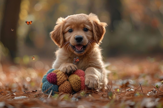 Un lindo cachorro jugando en un campo de flores con una cola balanceada y una expresión feliz