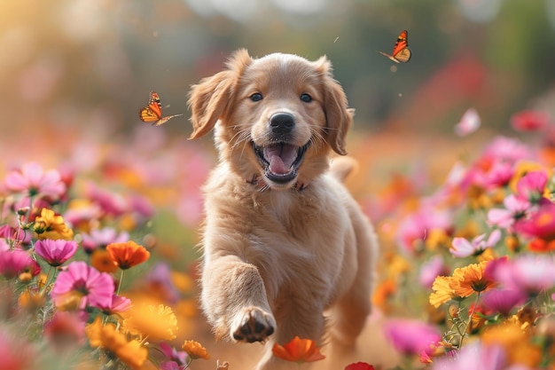 Un lindo cachorro jugando en un campo de flores con una cola balanceada y una expresión feliz