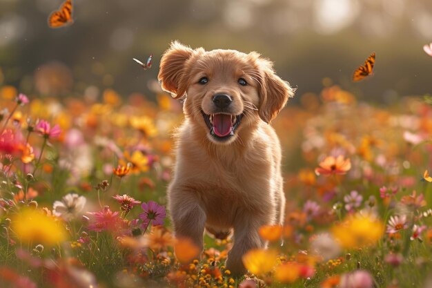 Un lindo cachorro jugando en un campo de flores con una cola balanceada y una expresión feliz