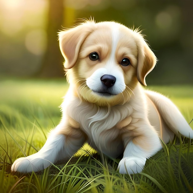 Lindo cachorro jugando en la hierba mirando a la cámara con alegría