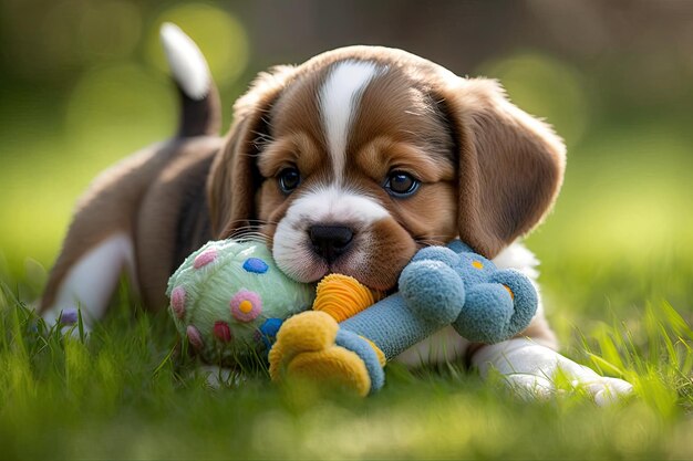 Lindo cachorro jugando con juguete chirriante en el parque