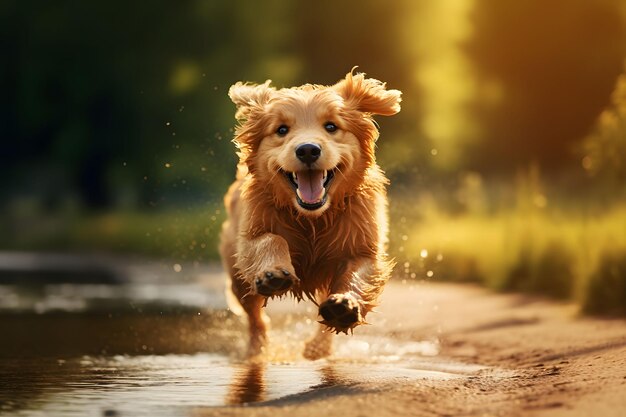 Foto un lindo cachorro juguetón corre a través de un charco una mascota en un paseo