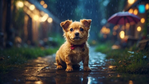 Un lindo cachorro en la lluvia en el jardín de hadas por la noche