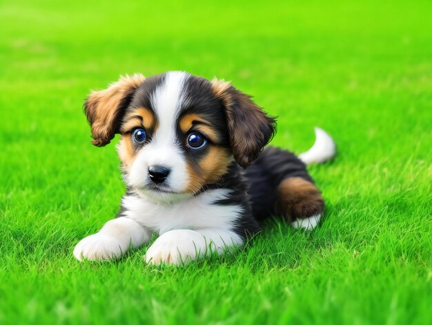 Un lindo cachorro mirando a la cámara sentado en la hierba verde ai generado