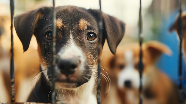 Foto un lindo cachorro mirando a través de una valla el cachorro tiene pelaje marrón y blanco y está mirando a la cámara con ojos tristes