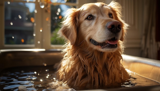Un lindo cachorro mojado sentado en el interior mirando la cámara generada por inteligencia artificial