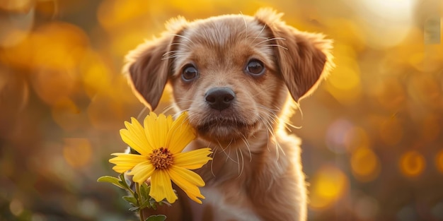 Un lindo cachorro olfateando una flor amarilla en un campo de flores