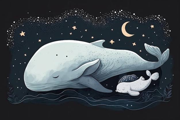 Lindo cachorro de oso caricaturesco dormitando sobre una ballena en el cielo nocturno