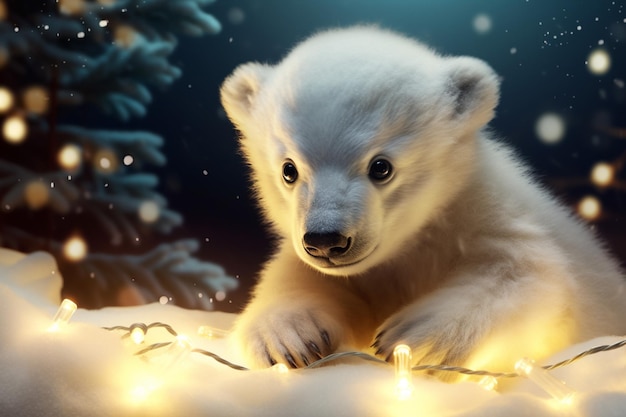 Lindo cachorro de oso polar con fondo de luces navideñas