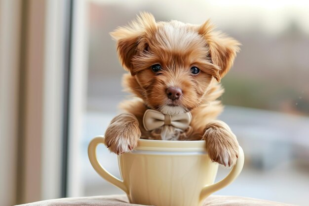 Foto un lindo cachorro con una pajarita y sentado en una taza de té