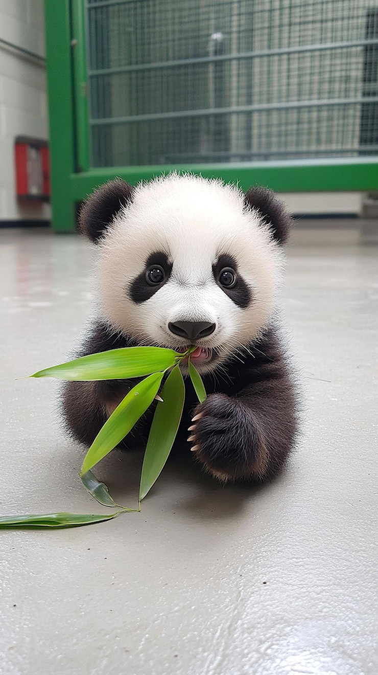 Foto un lindo cachorro de panda comiendo brotes de bambú