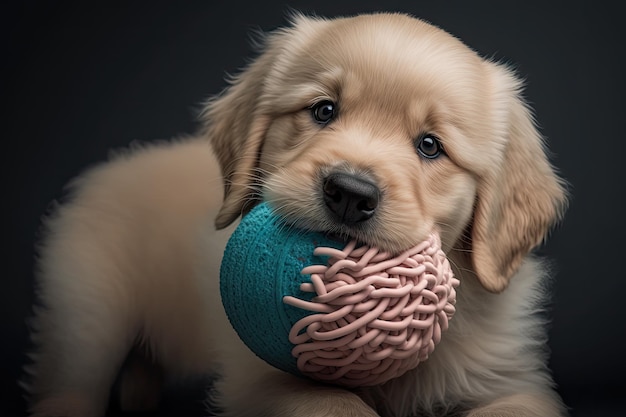 Lindo cachorro con pelota de goma en la boca jugando a buscar