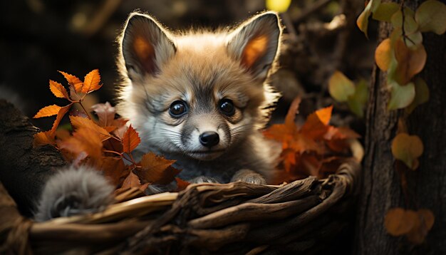 Lindo cachorro pequeño jugando en el bosque de otoño mirando la cámara generada por inteligencia artificial