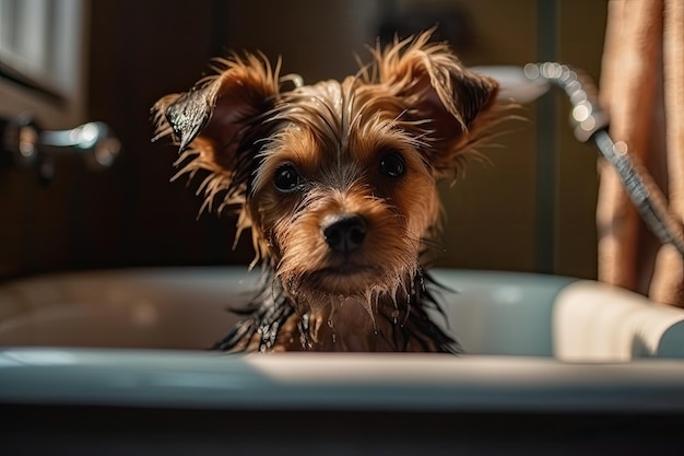 Lindo cachorro de perro en la bañera concepto de limpieza de mascotas IA generativa