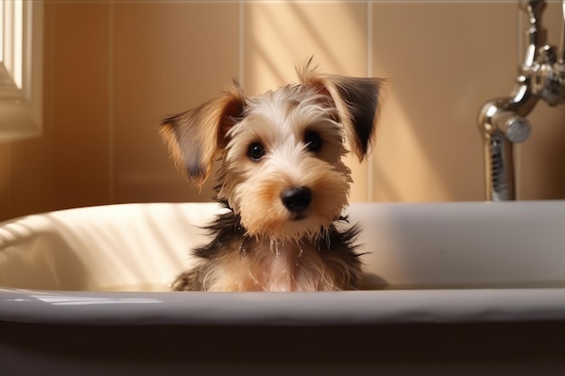 Lindo cachorro de perro en la bañera mascotas limpiando AI generado