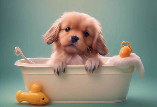 Lindo cachorro de perro en la bañera mascotas limpieza foto de estudio Generar Ai