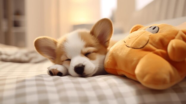 Lindo cachorro de perro corgi yace en una cama suave