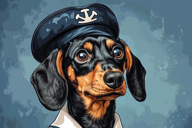 Un lindo cachorro de perro dachshund en una ilustración de sombrero de marinero.