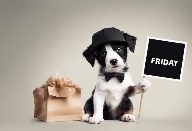 Lindo cachorro de perro con una gorra con un cartel con texto viernes negro sobre fondo blanco