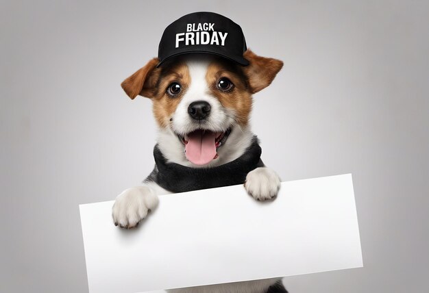 Lindo cachorro de perro con gorra sostiene con patas un cartel para texto sobre fondo blanco