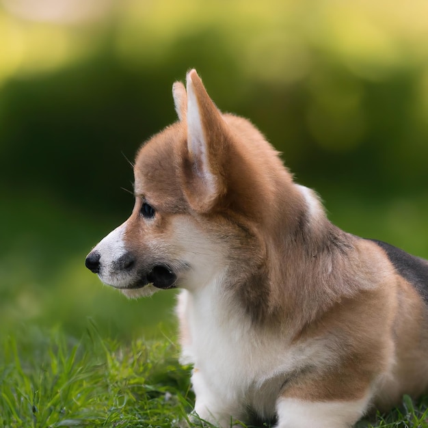 lindo cachorro de perro con hierba verde bokeh de fondo foto premium