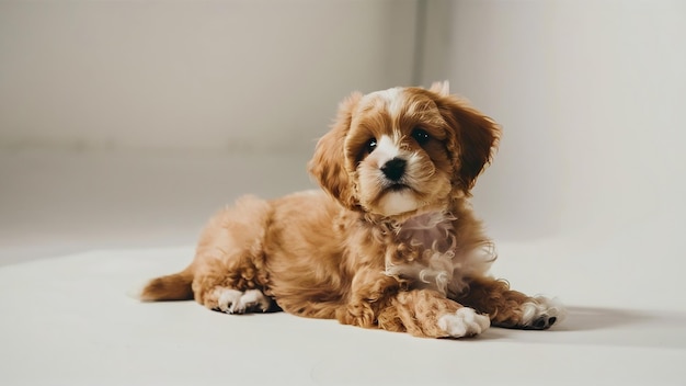 Un lindo cachorro de perro maltipoo posando tranquilamente aislado sobre el fondo blanco del estudio anima doméstica