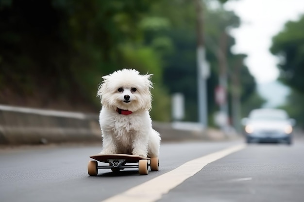 Lindo cachorro de perro patinador monta una patineta en verano en la carretera en la ciudad AI generativa